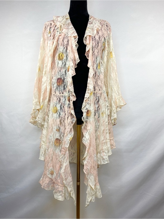 Origami Sweaters - Origami by Vivien Boho Daisy Floral Lace Ruffle Open Front Duster Size L/XL